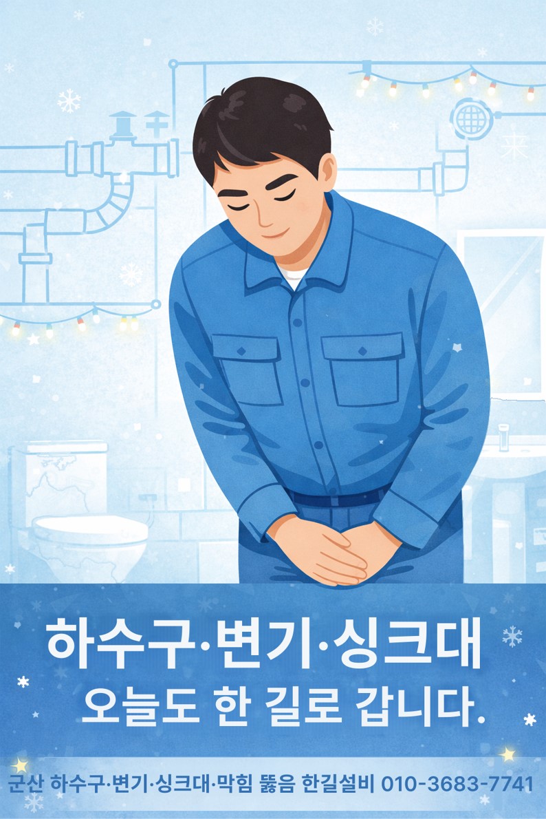 군산 하수구·변기·싱크대 막힘 뚫음 한길설비, 파란 작업복 기사님이 고개 숙여 인사하는 크리스마스 인사 카드