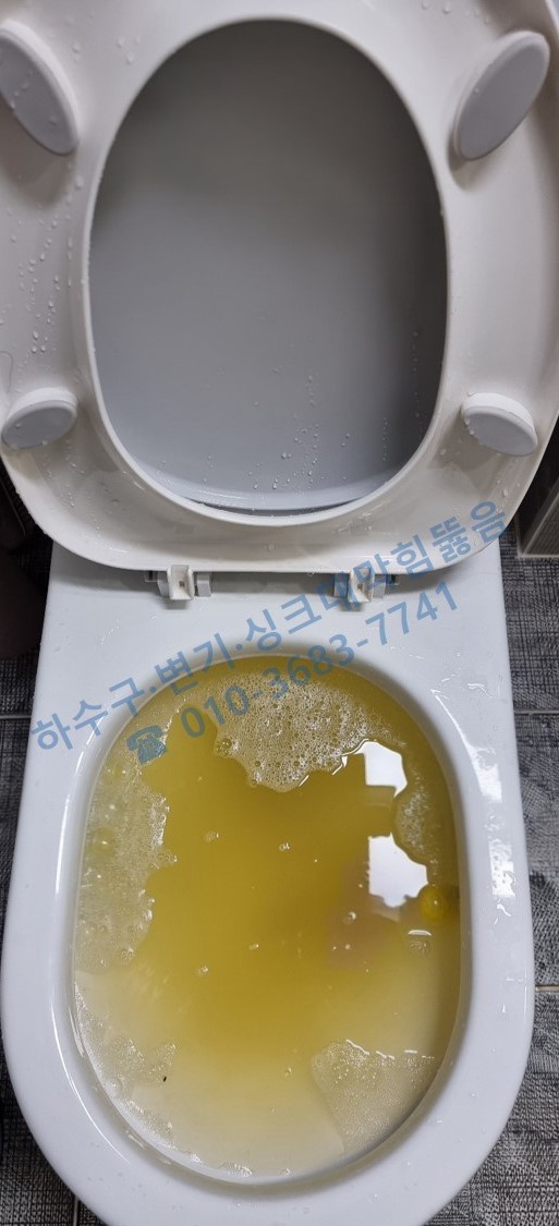 막힌 변기 모습 – 이물질과 노란 물이 고여 있음